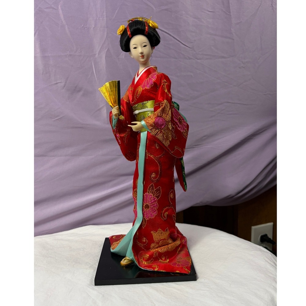 Vintage Japanese Geisha Doll Red Silk Kimono Gold Embroidery 16.5 Inch